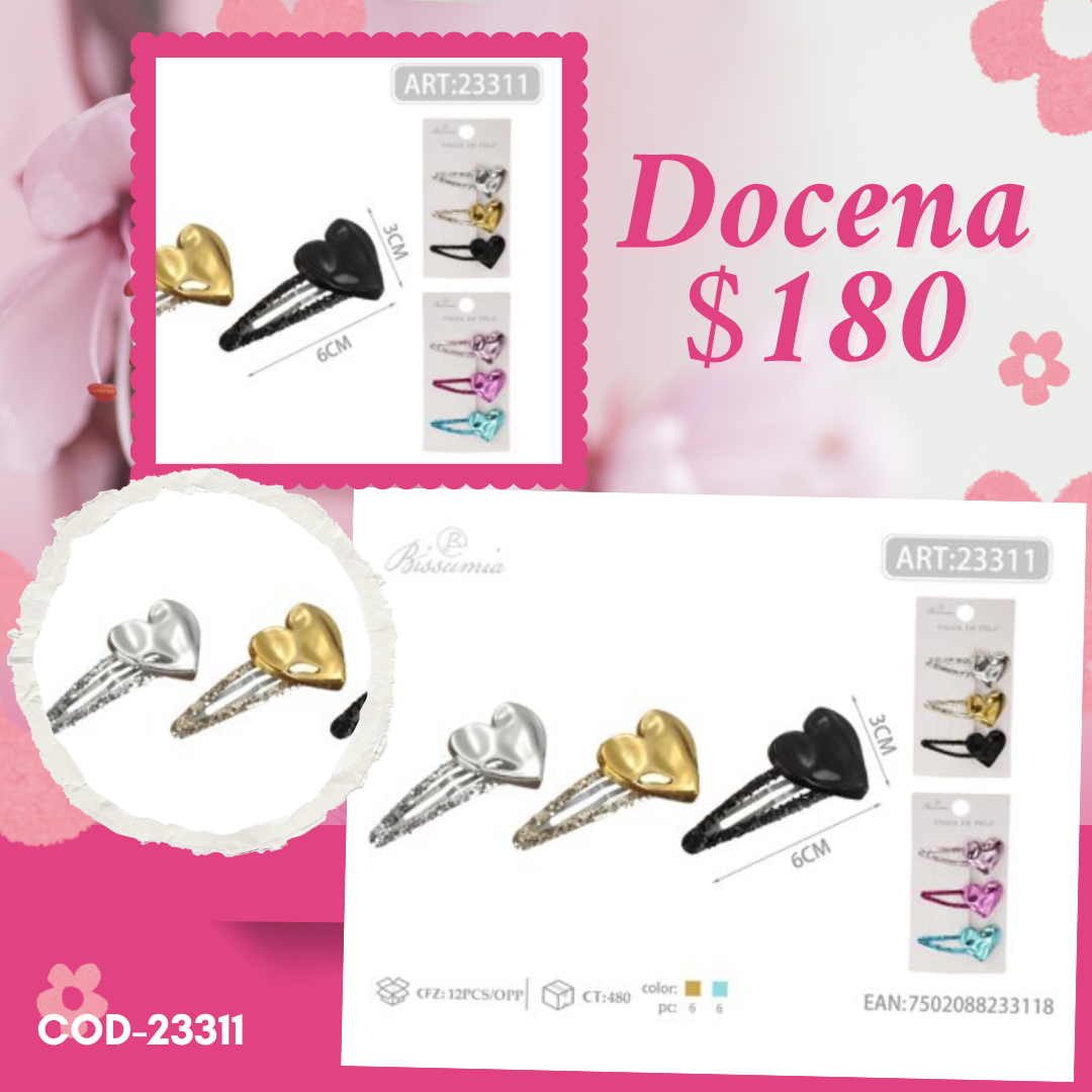 cucas metálicas de corazón en set, codigo 23311