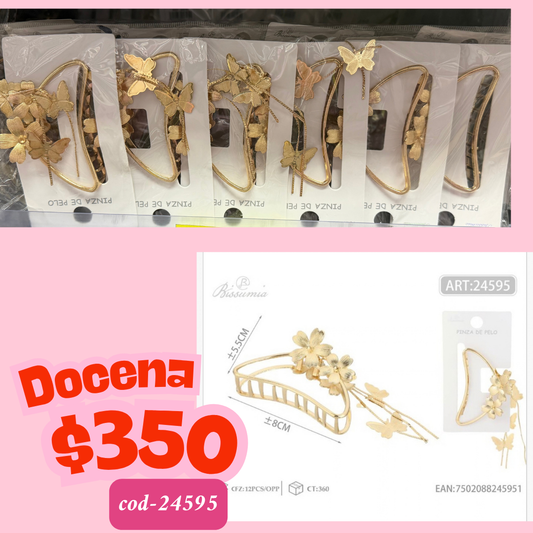 pinza media luna de metal con mariposas colgando, docena, codigo 24595