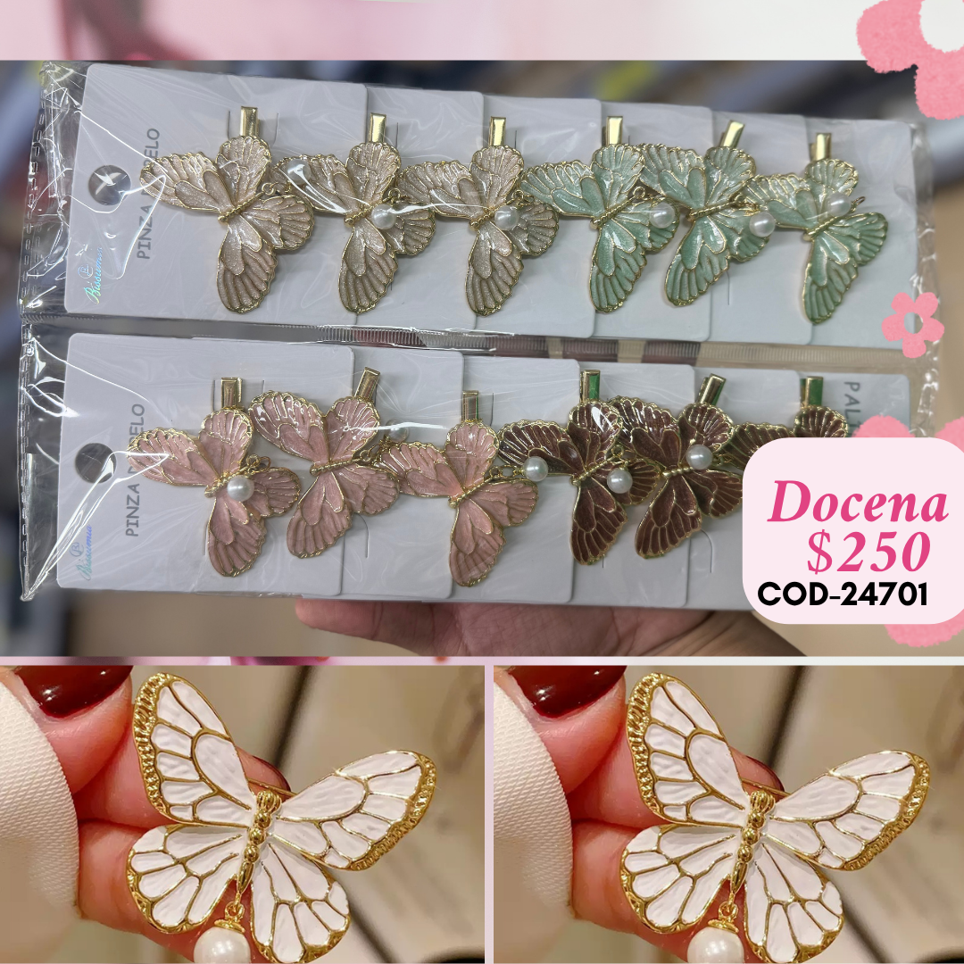 broche mariposa de metal con colgante, docena, codigo 24701
