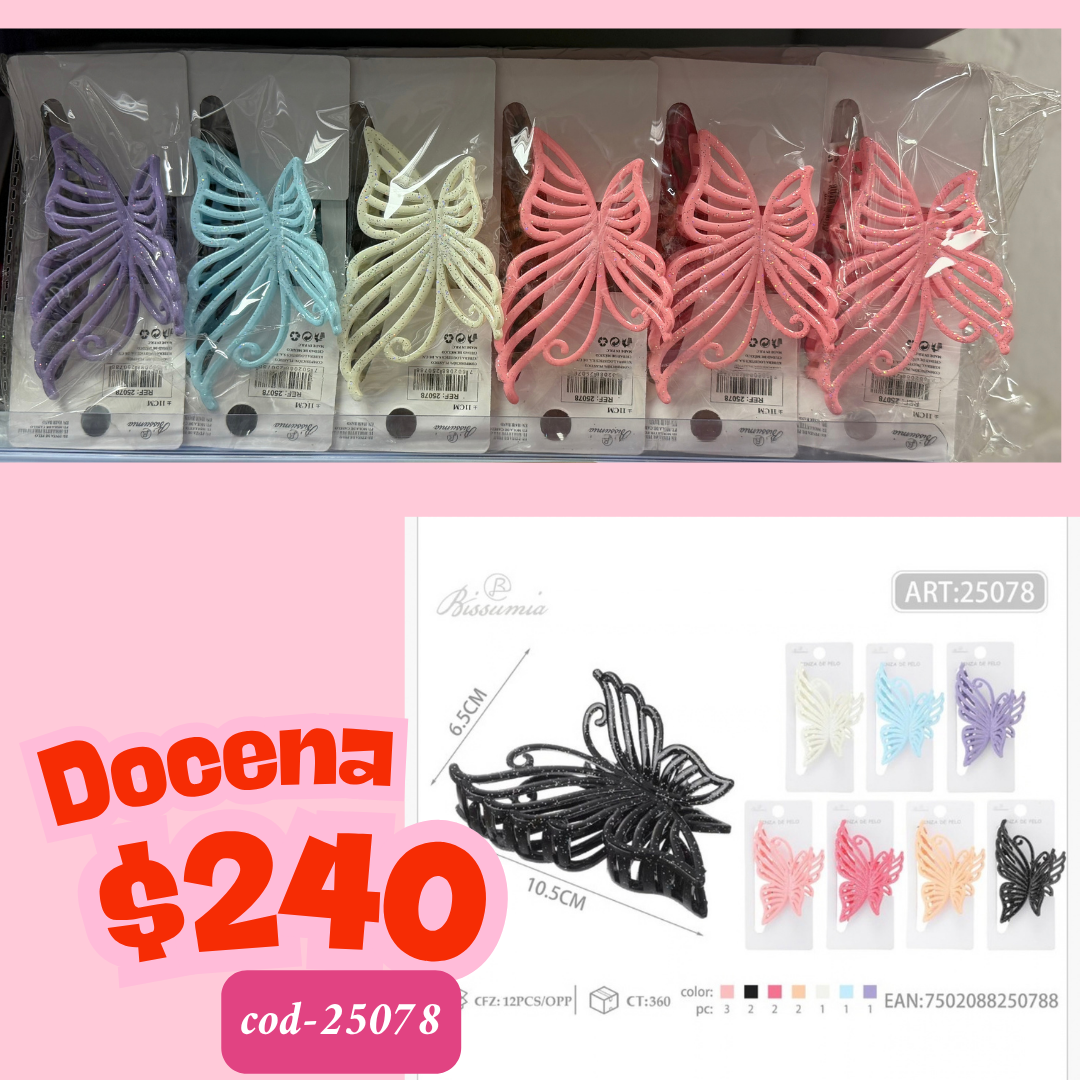 pinza d mariposa de plastico brillosa, docena, codigo 25078