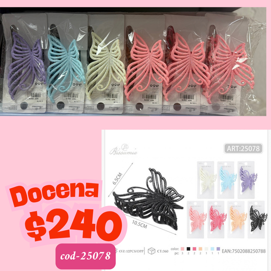 pinza d mariposa de plastico brillosa, docena, codigo 25078