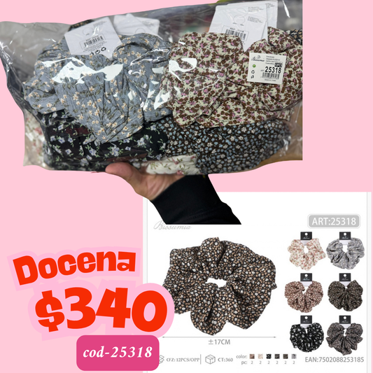 scrunchie gigante floreado, docena, codigo 25318