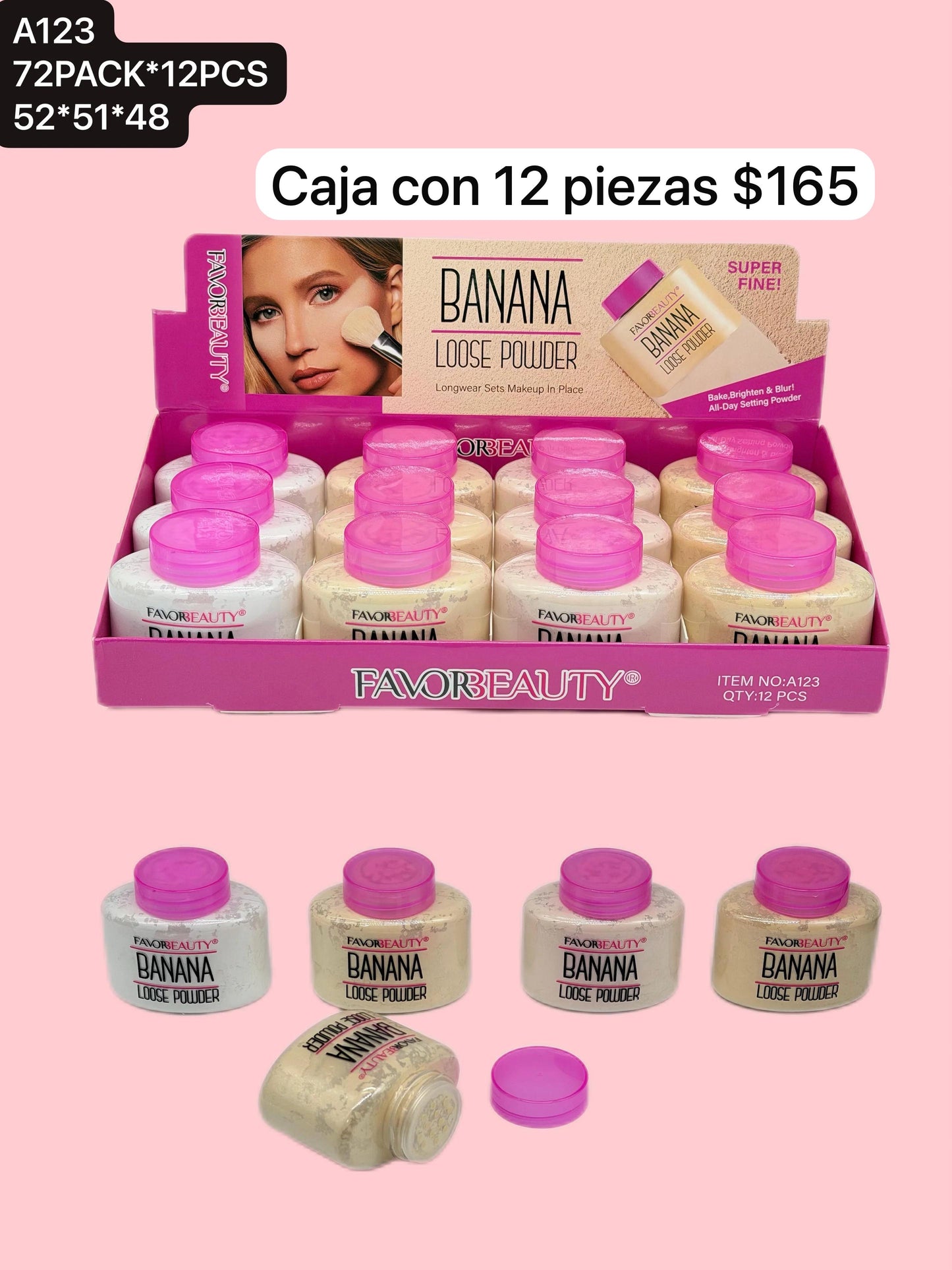 caja con 12 polvos banana, codigo a123