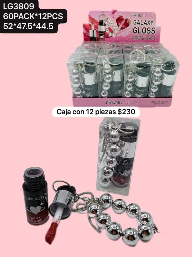 gloss con llavero plata, caja con 12 piezas, codigo lg3809