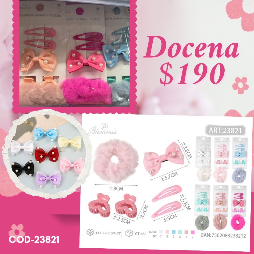 Set de moños con cuca, doña y mini pinza, docena , código 23821