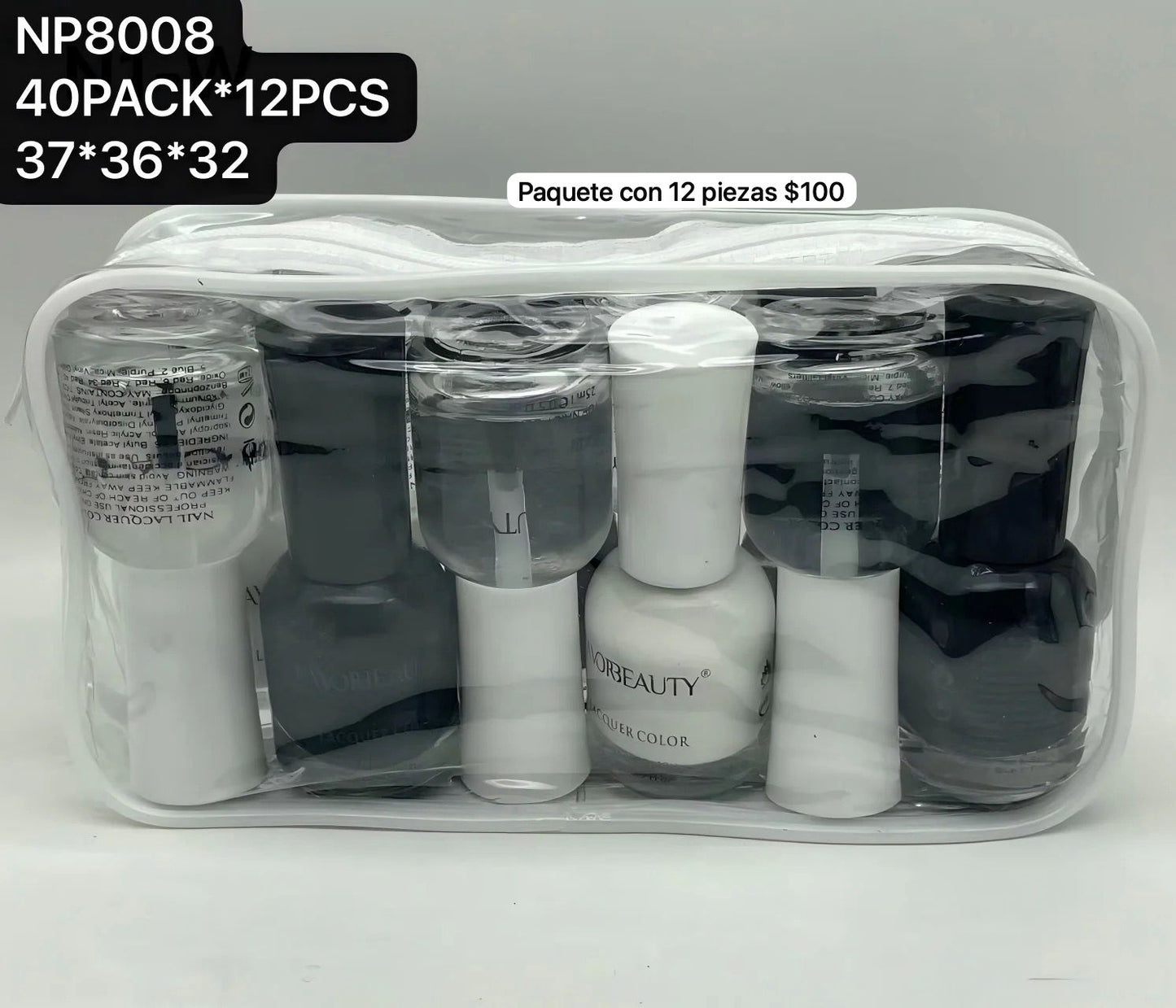 paquete de 12 esmaltes, blanco, negro y transparente, codigo np8008
