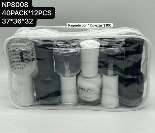 paquete de 12 esmaltes, blanco, negro y transparente, codigo np8008