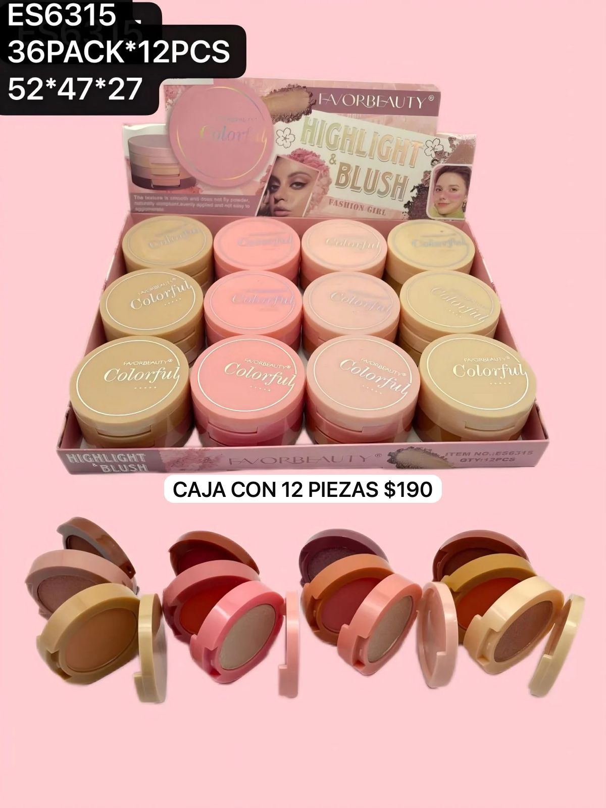 caja con 12 rubores e iluminadores, codigo es6315