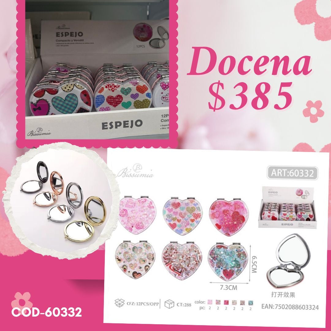 Espejo de bolsillo corazones, fibra de vidrio, paquete de 12 piezas, código 60332