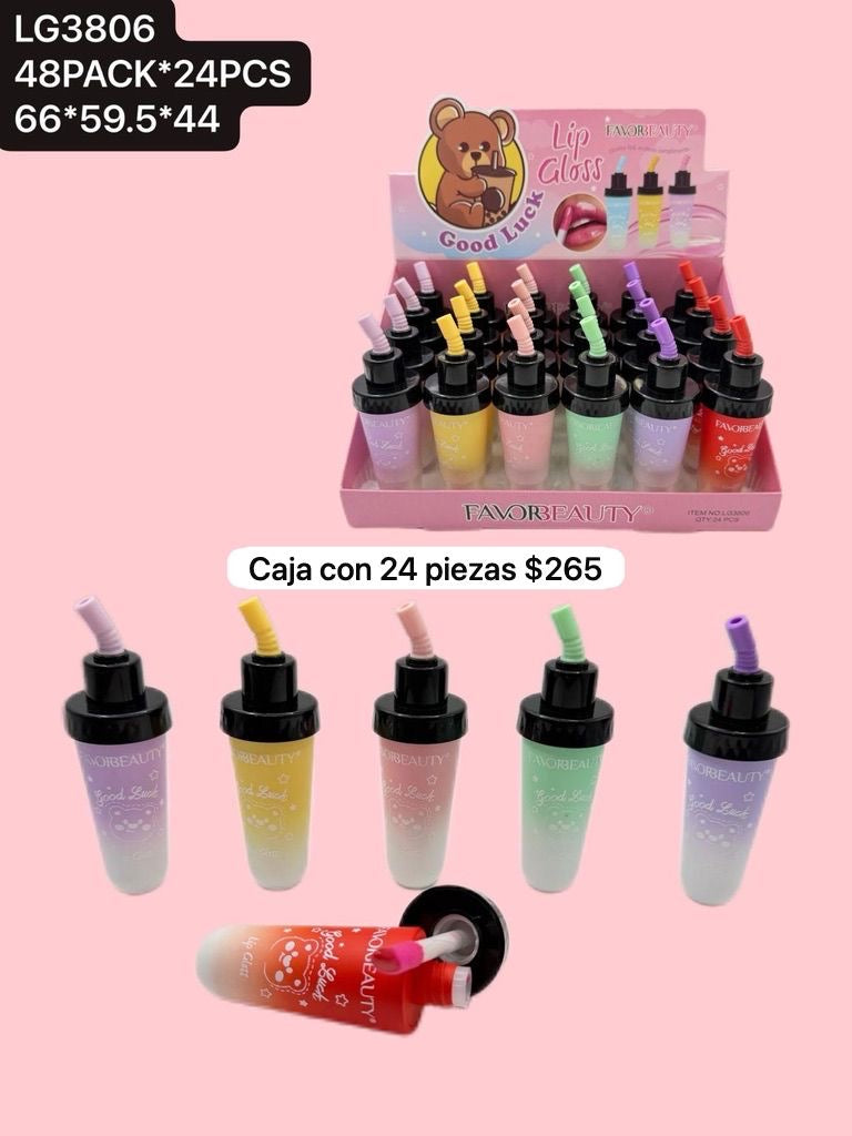 gloss en forma de vasito con popote, caja con 24 piezas, codigo lg3806