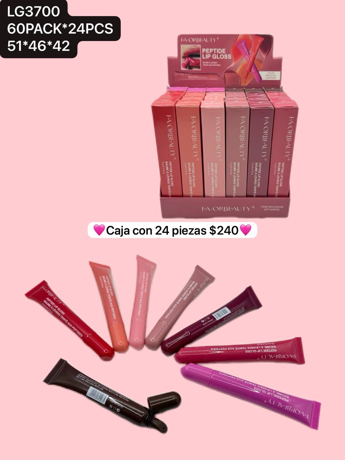 caja con 24 labiales de tubo, variedad de colores, codigo lg3700
