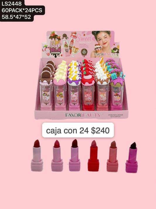 labial con diseños 3d de postres, caja con 24 piezas, codigo ls2448
