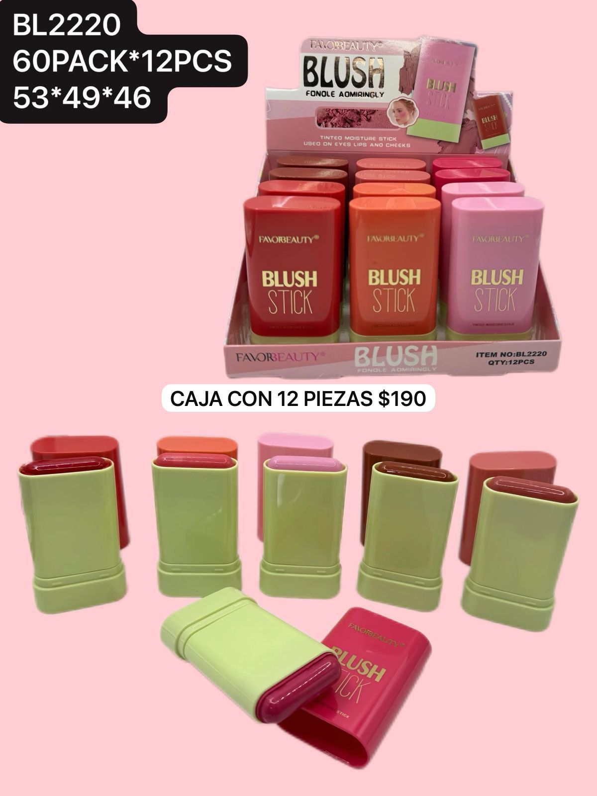 rubor en barra, caja con 12 piezas,, codigo bl2220