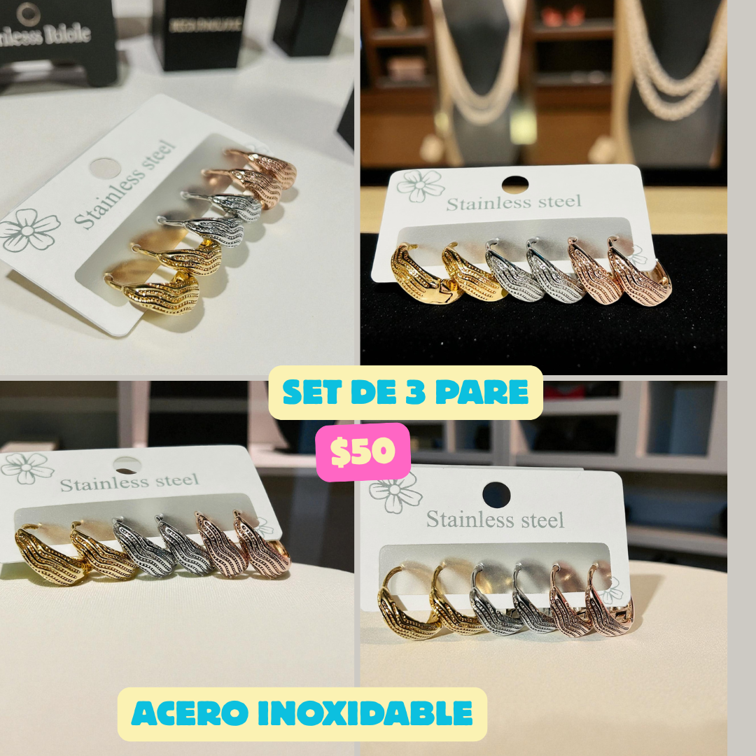 set de 3 pares de arete, acero inoxidable, codigo a714