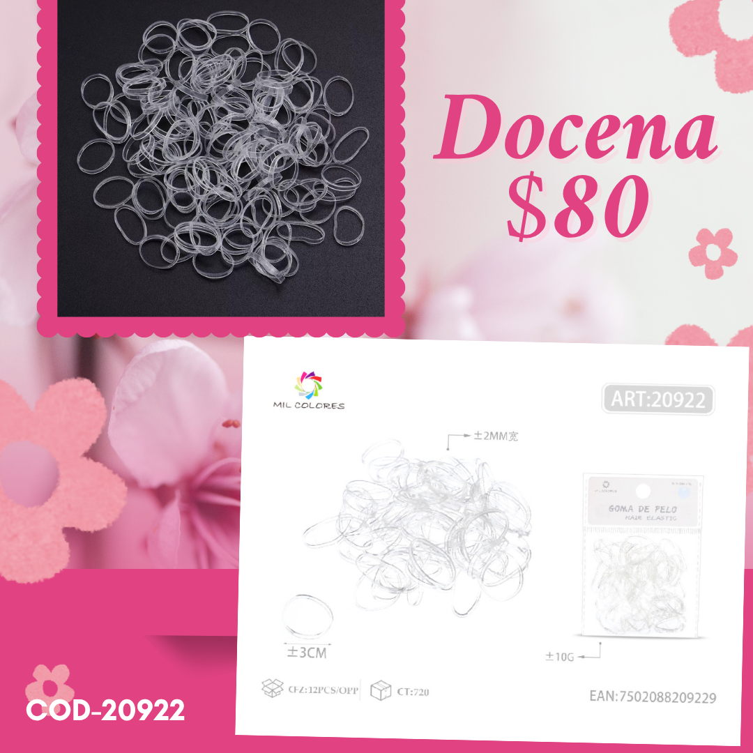 liga latex transparente, delgada, docena, codigo 20922