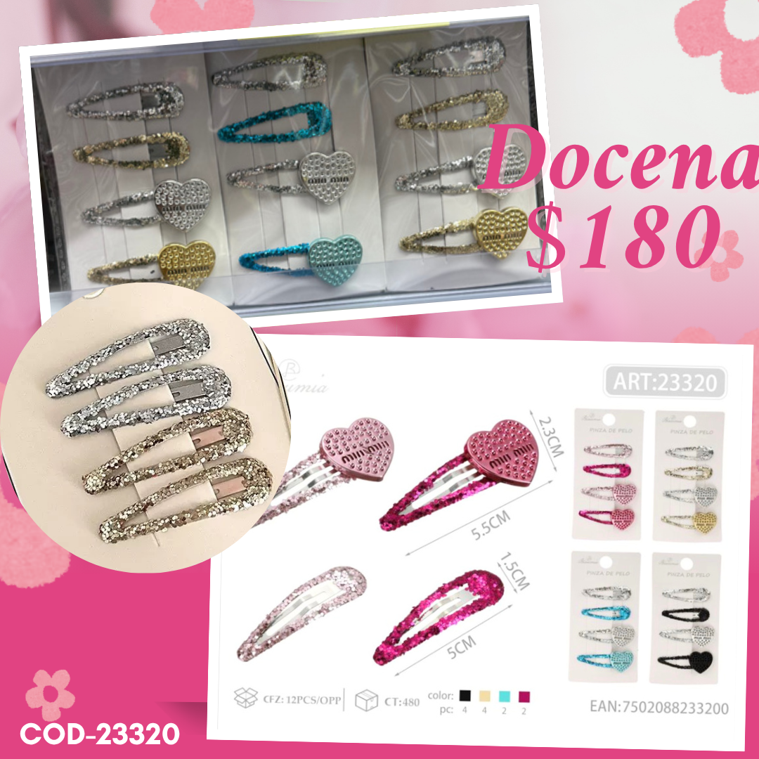 cucas de diamantina con cucas corazon, set de 4 piezas c/u, 12 sets, codigo 23320