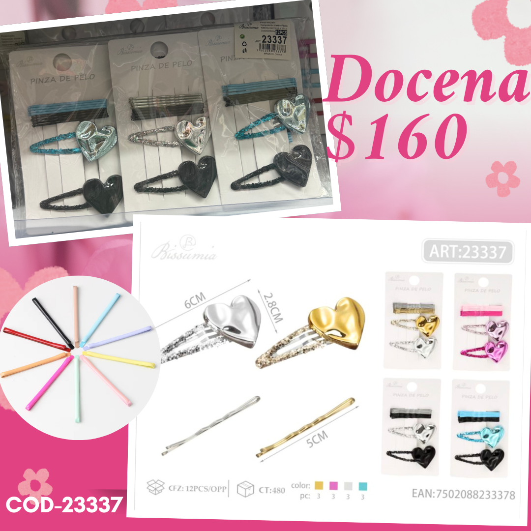 pasadores con cucas de corazon en set, 12 sets, codigo 23337