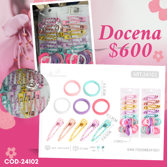 set grande de broches y ligas en colores pastel, 12 sets, codigo 24102