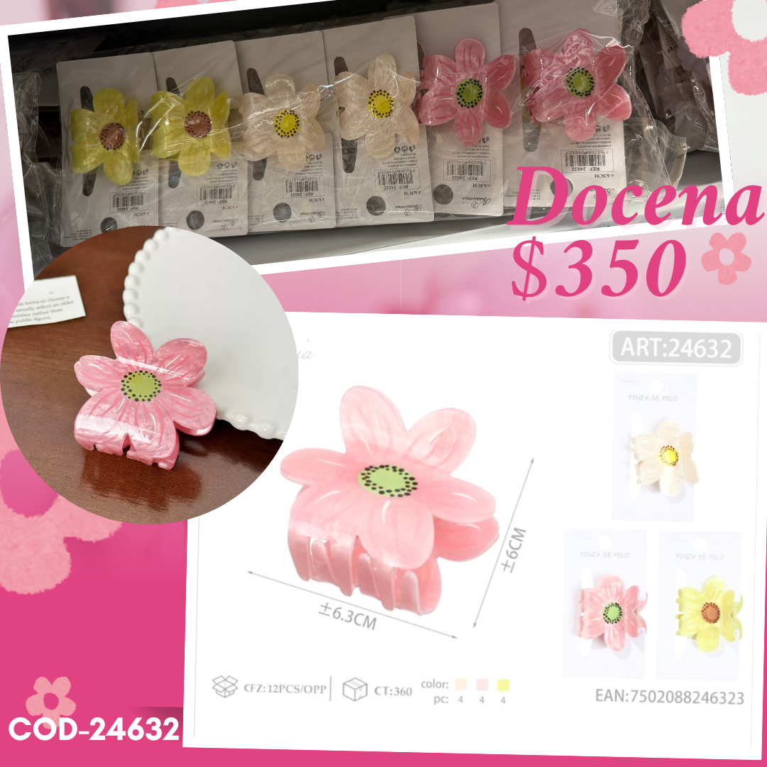 pinza de flor de acrilico, docena, codigo 24632