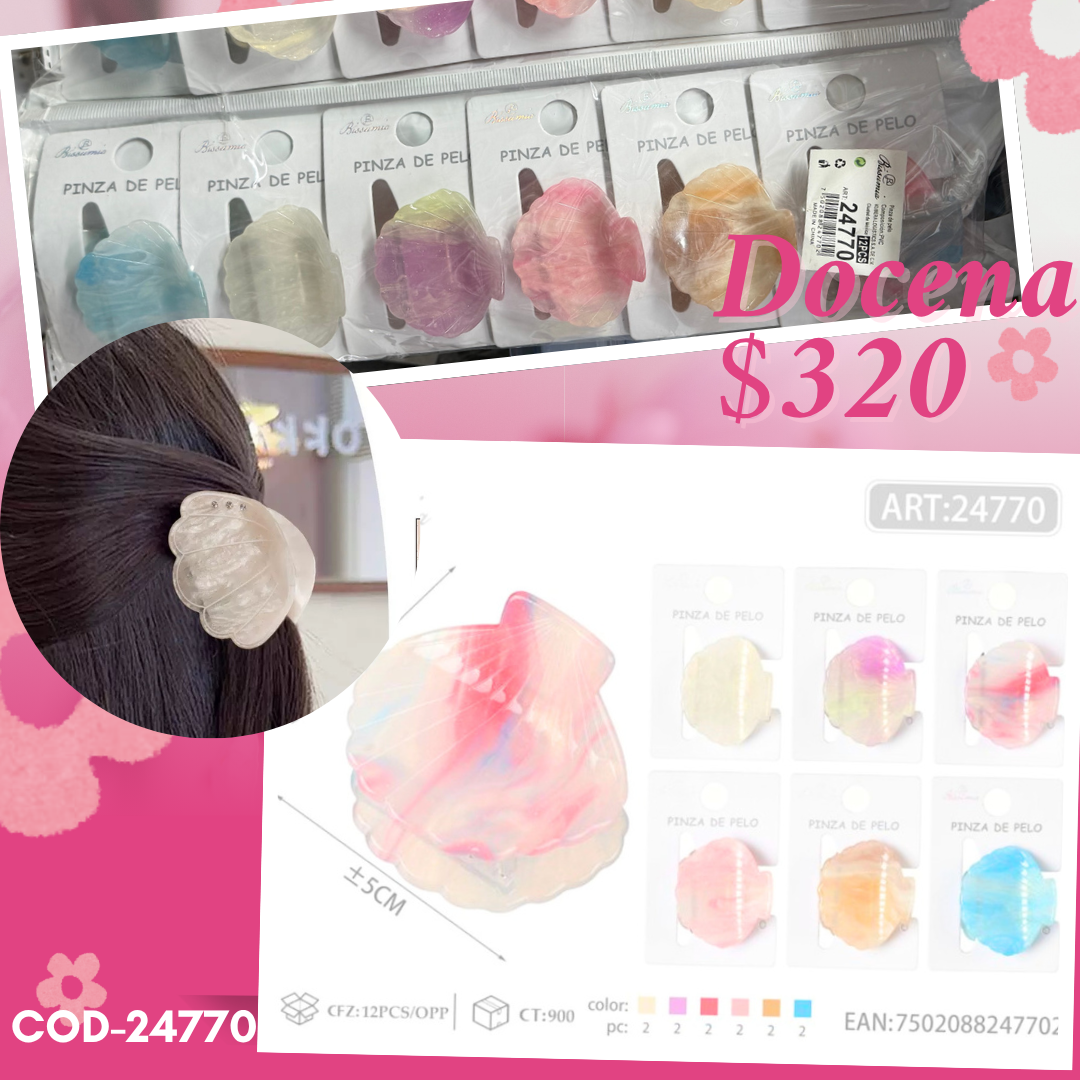 pinza de cocncha de acrilico, en colores, docena, codigo 24770