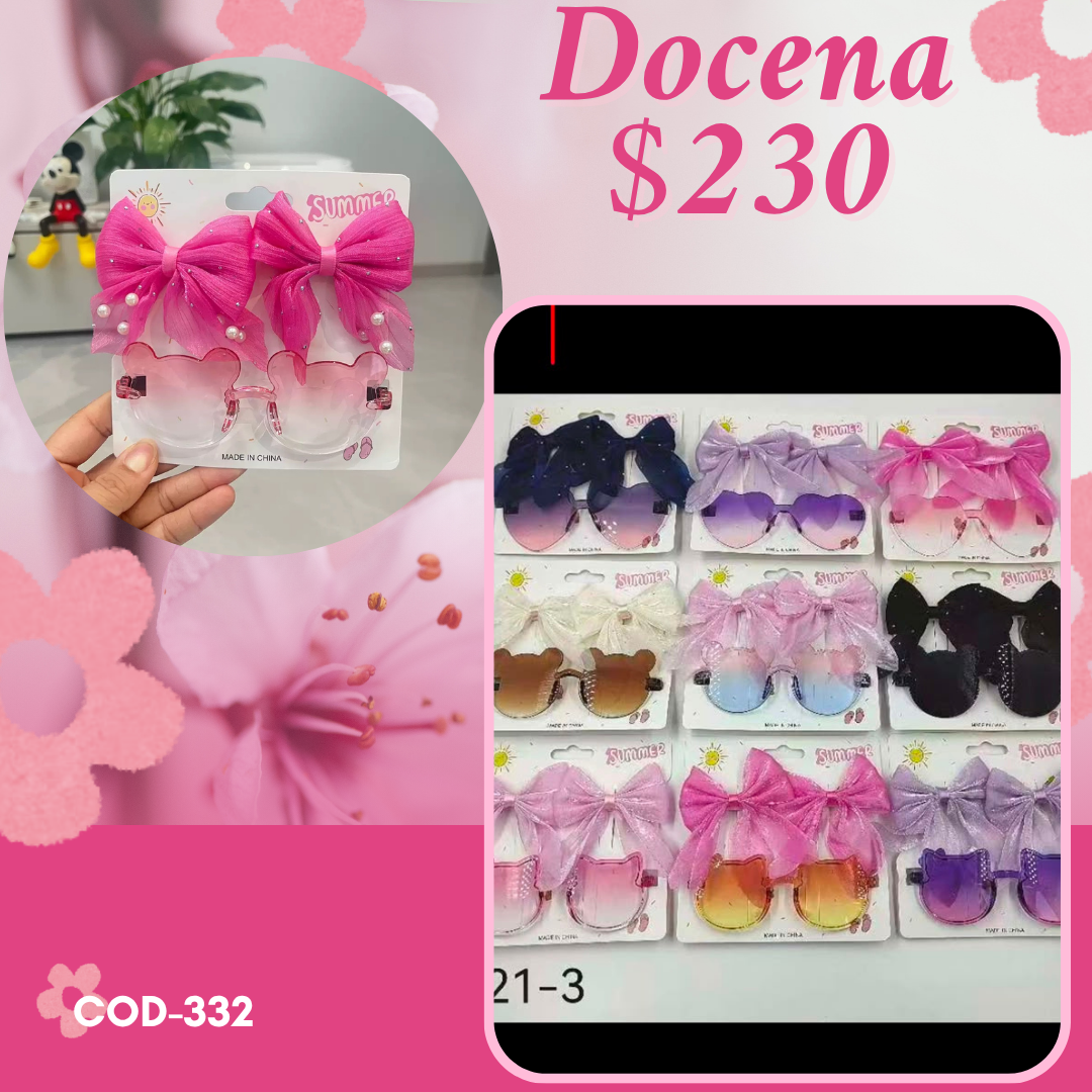 lentes de niña con par de moños, docena, codigo a332