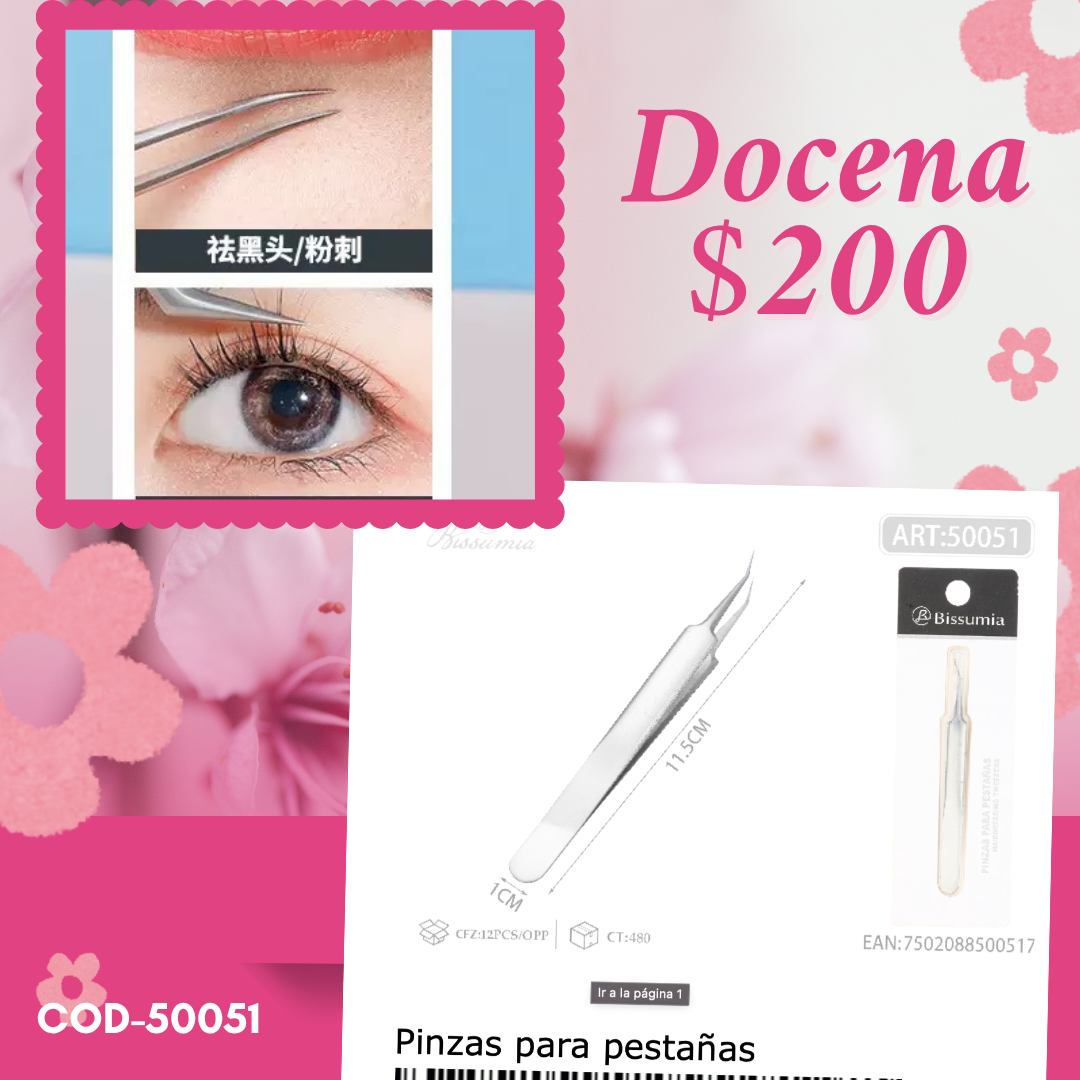 pinza para poner pestañas de uno en uno, docena, codigo 50051