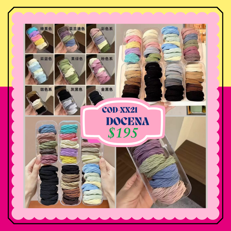 ligas de colores,  en caja de acrilico transparente, codigo XX21