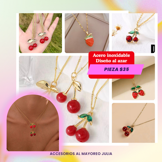 collar de cerezas variadas en acero inoxidable, codigo a5