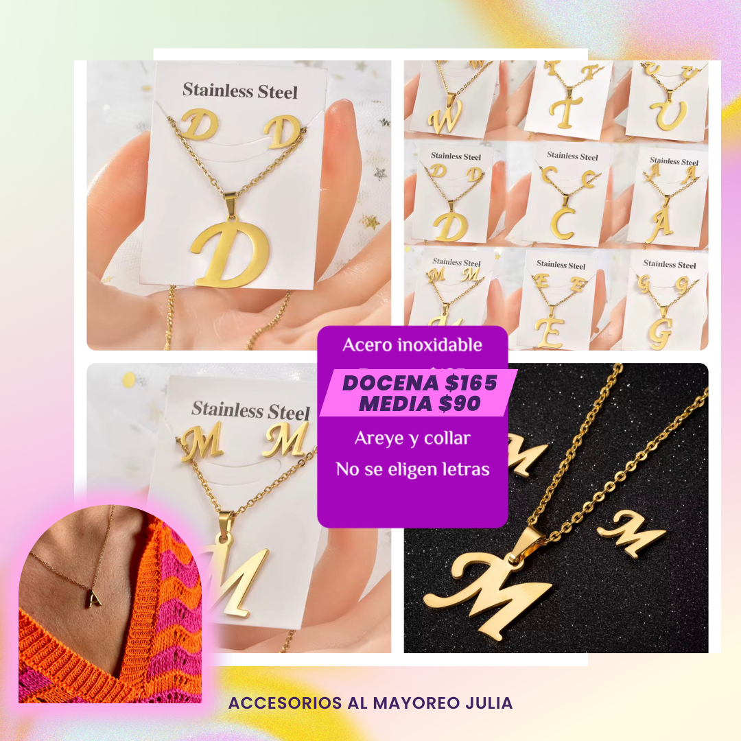 iniciales de collar y aretes, acero inoxidable, codigo a408