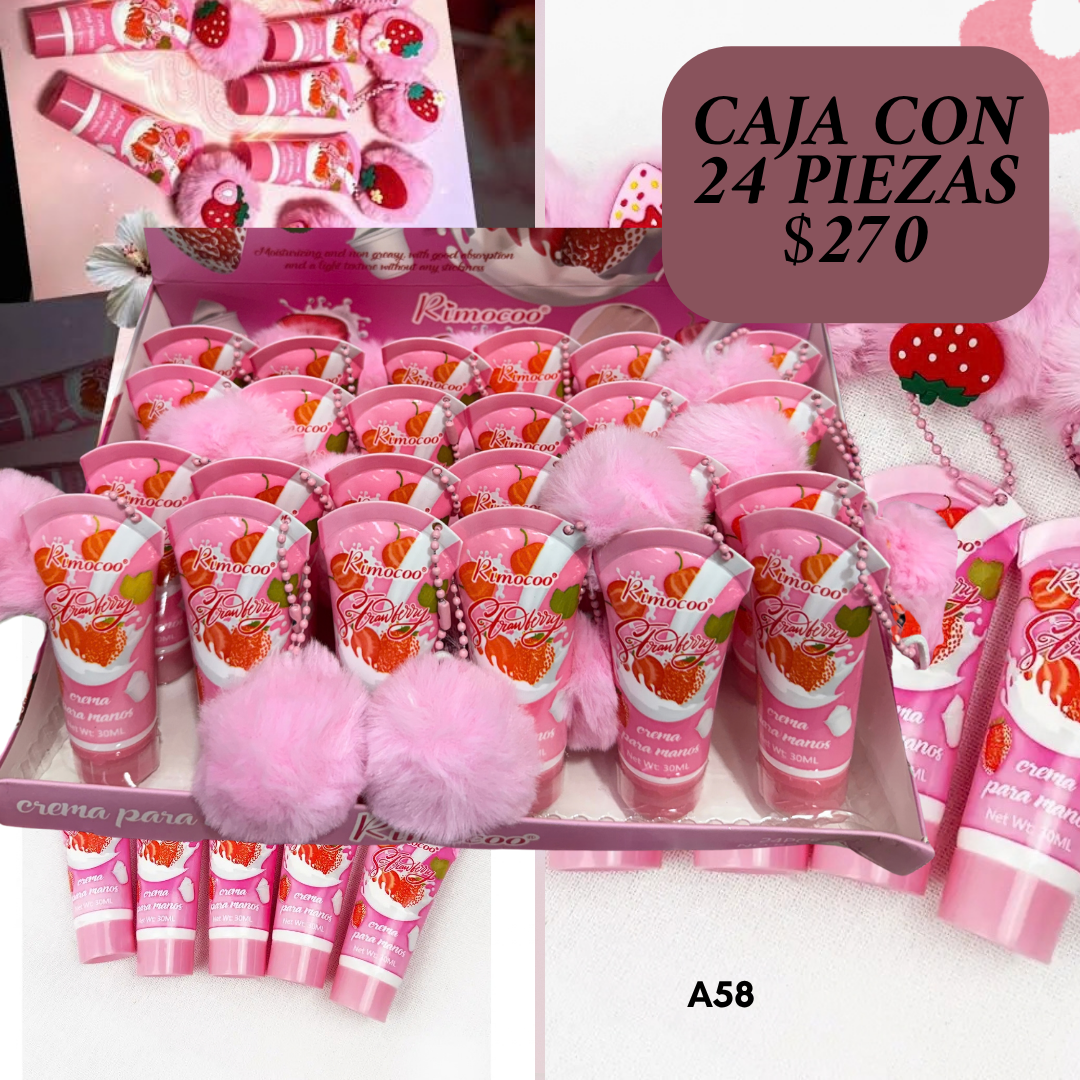 cremas fresa con pompon, caja con 24 piezas, codigo a62
