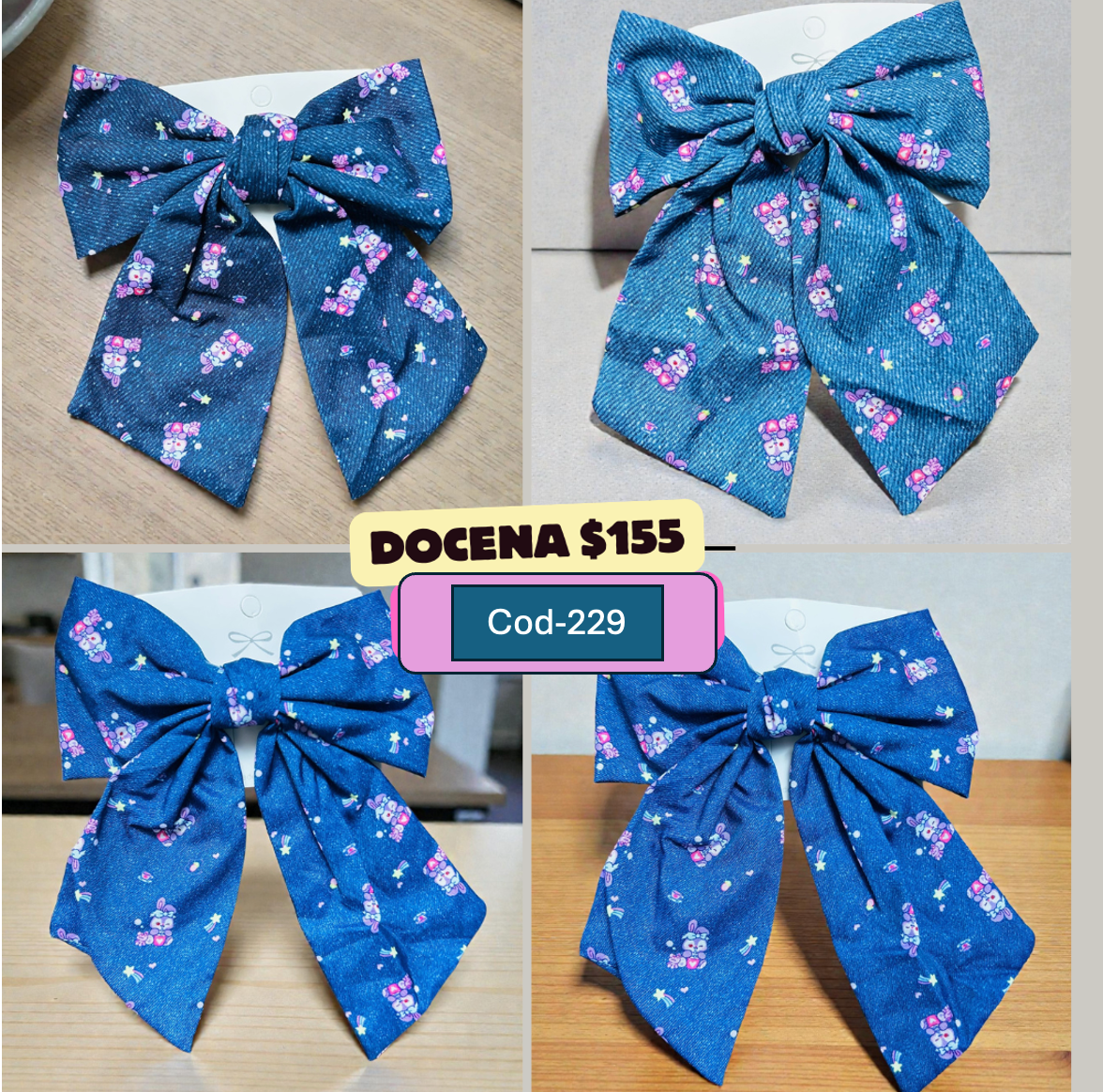 Moño corto azul con decoracion de niña, codigo a229