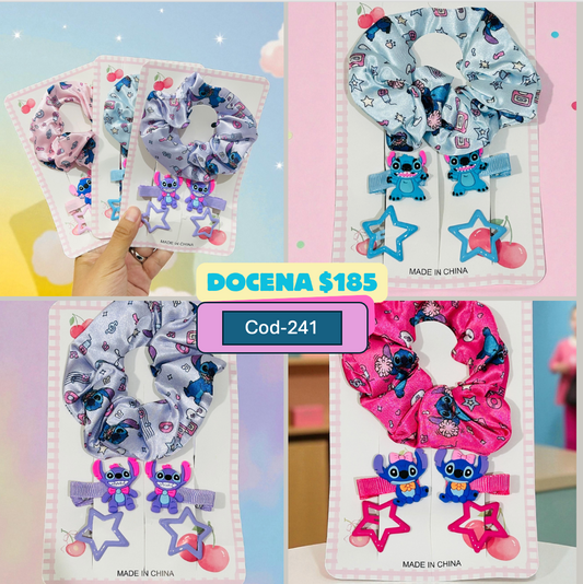 scrunchie con accesorios stich, codigo a241