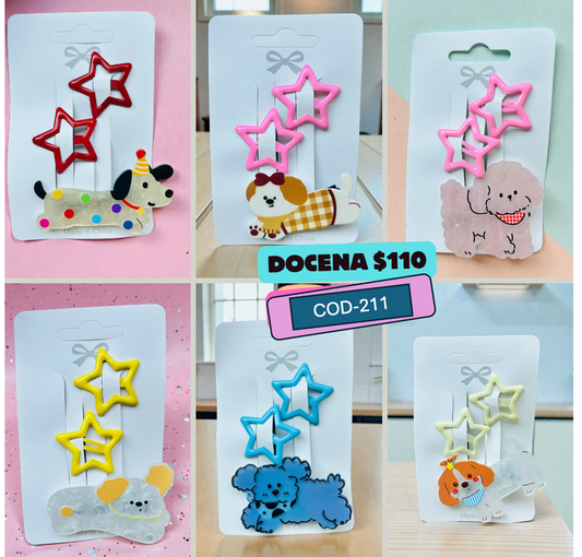 cuca de estrellas con broche de perritos en acrilico, codigo a13