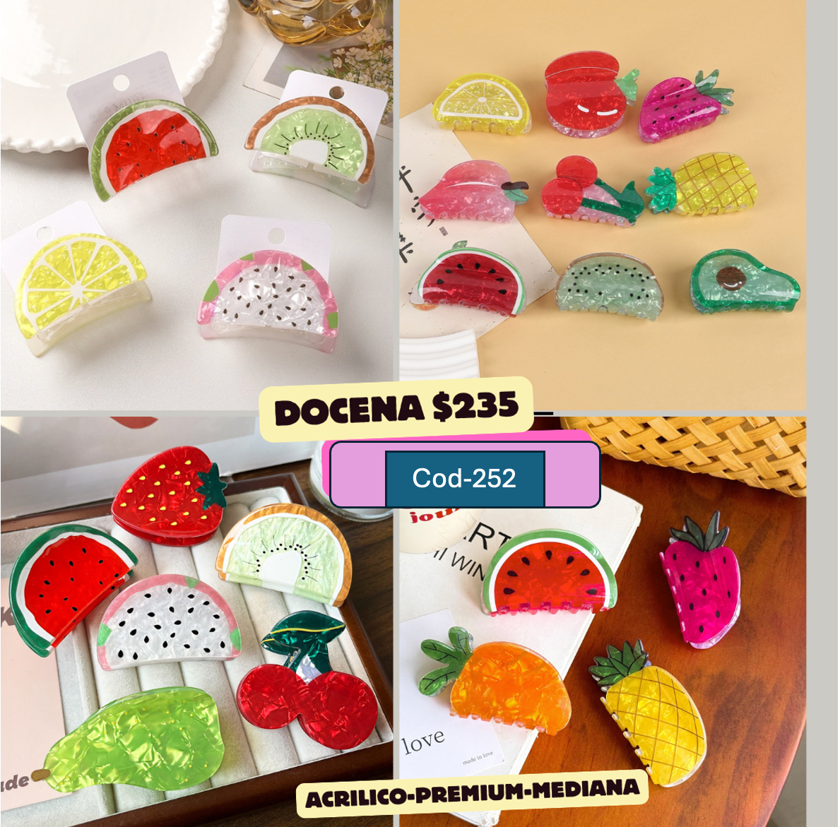 pinza de acrilico chica, de frutas, codigo a276