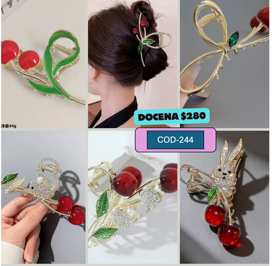 pinzas de metal, con pedrerías, cerezas, etc, codigo a244