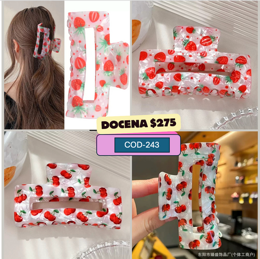 Pinza fresa y cereza de acrilico, con hueco en medio, codigo a243