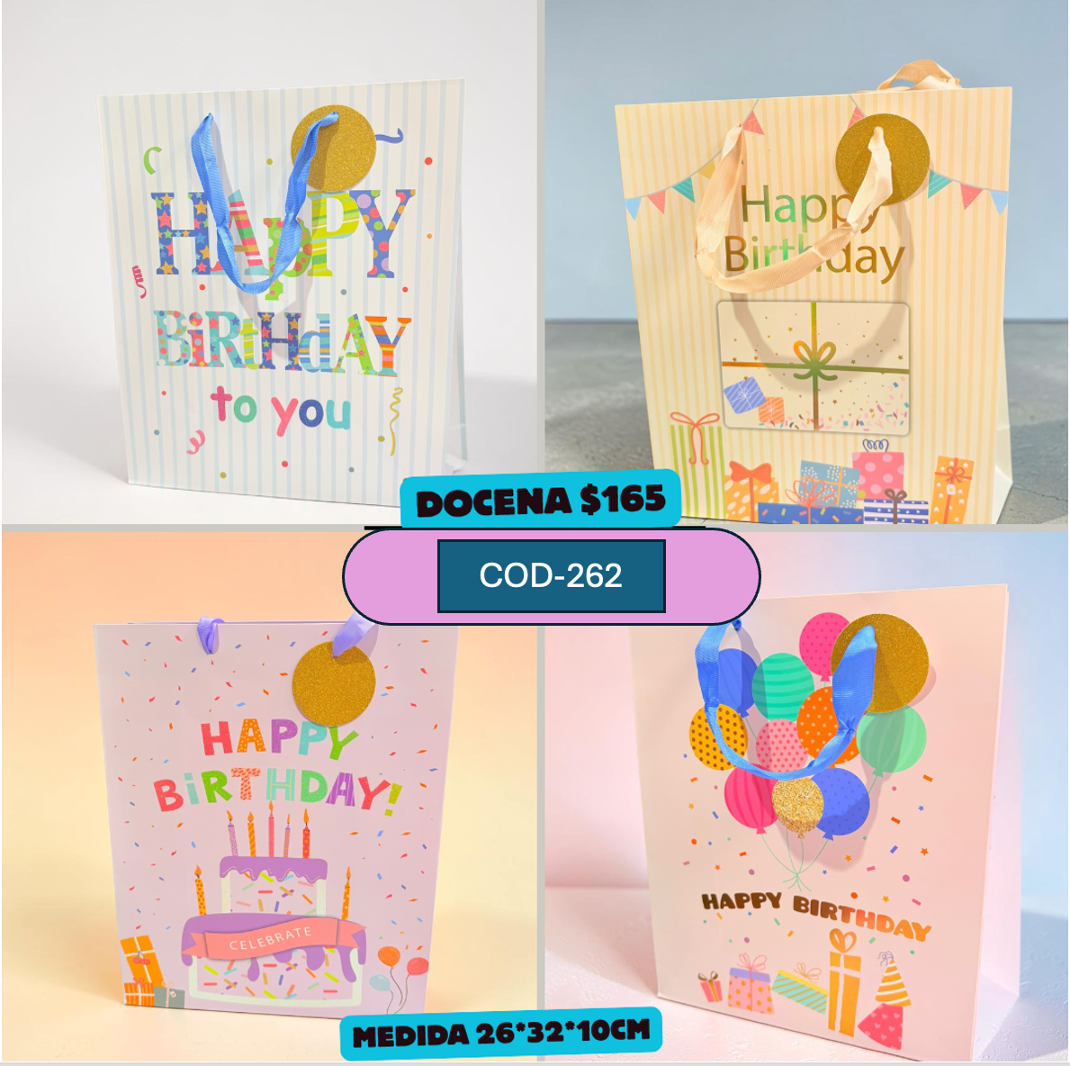 bolsa de regalo con brillantina grande, medida 26*32*10 cm, codigo a262