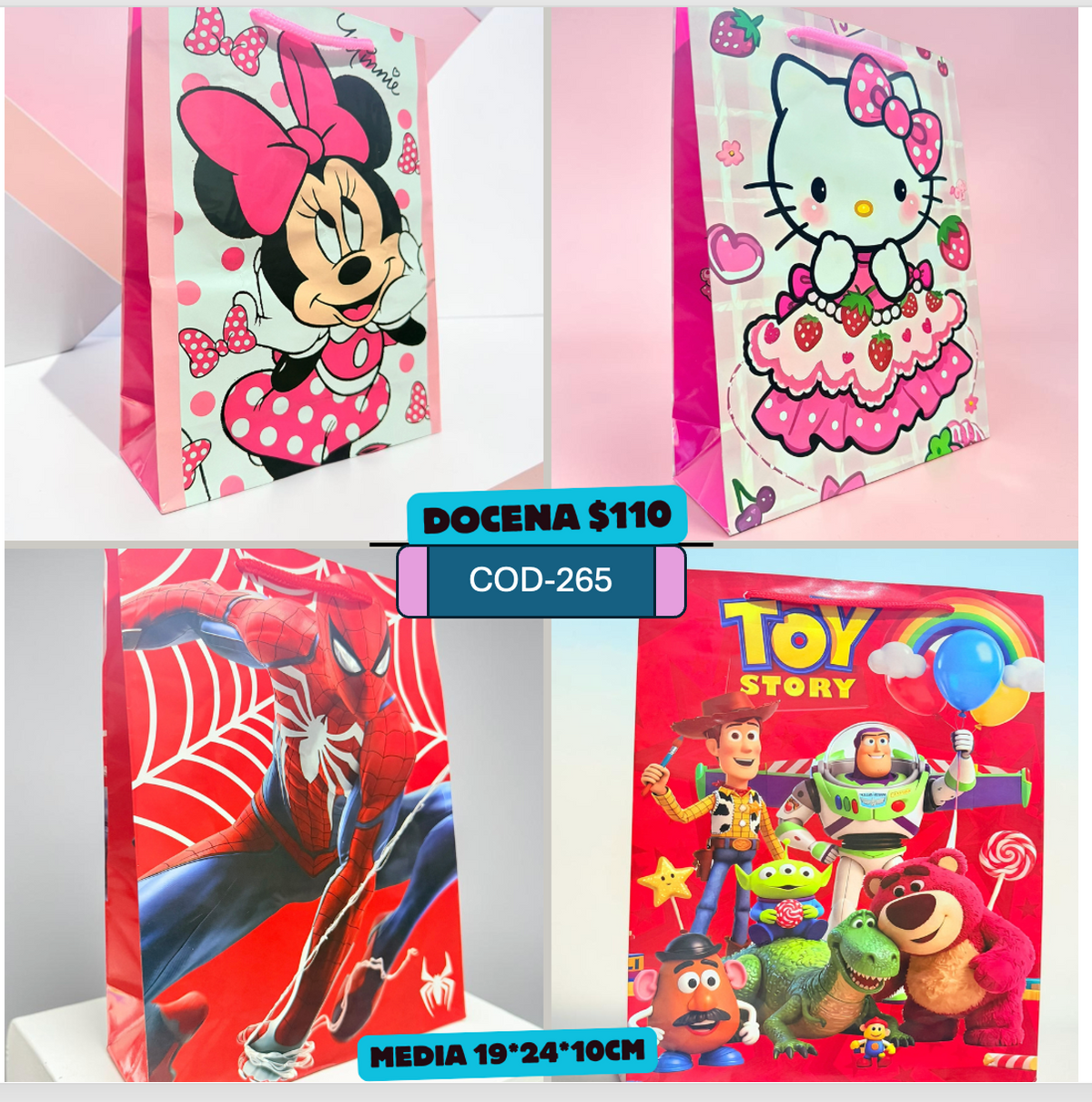 bolsa de personajes mini, Spiderman etc, medida 19*24*10 cm, codigo a265