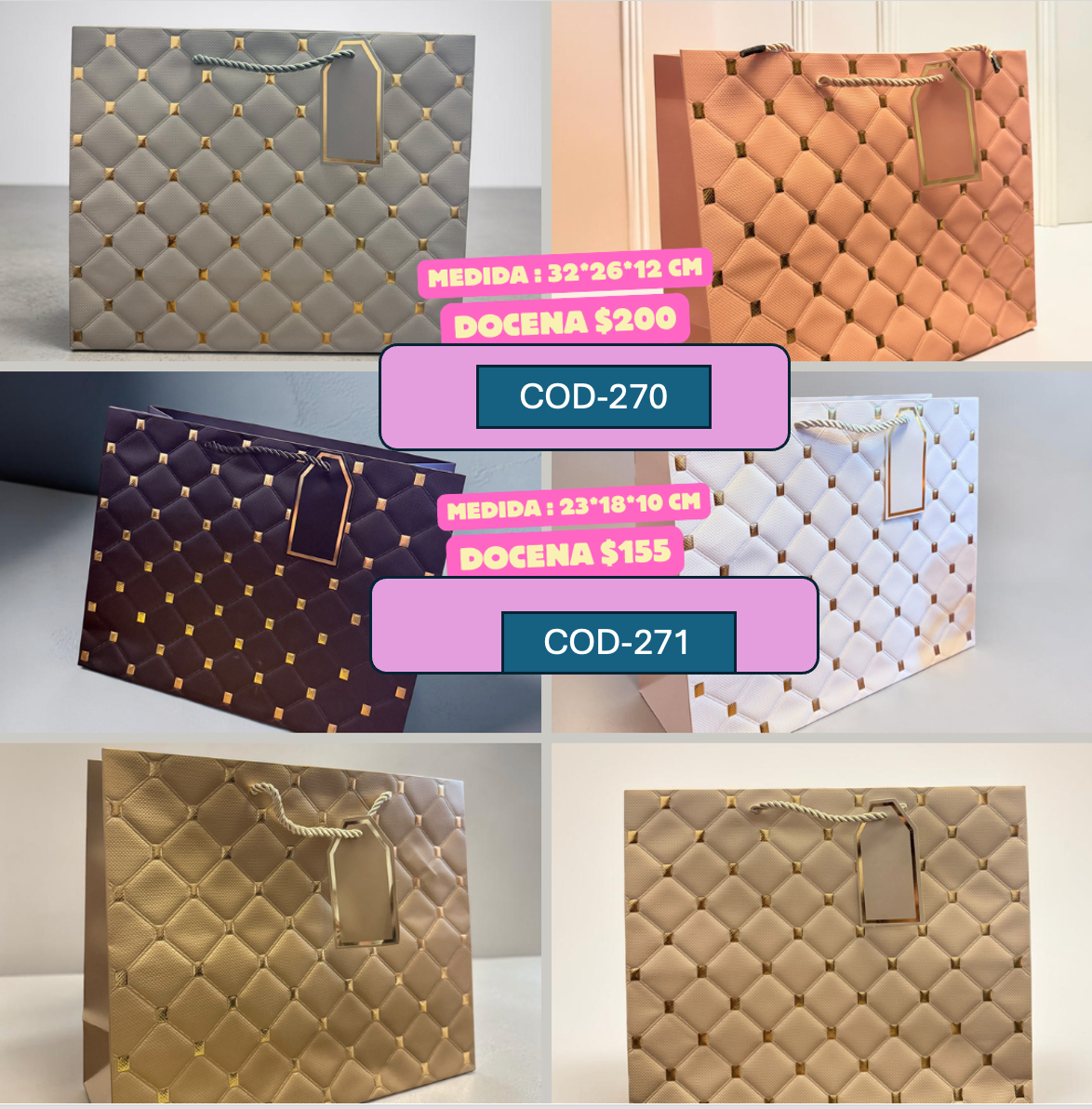 Bolsa de regalo con cuadros dorados y tarjeta, medida 32*26*12, codigo a270