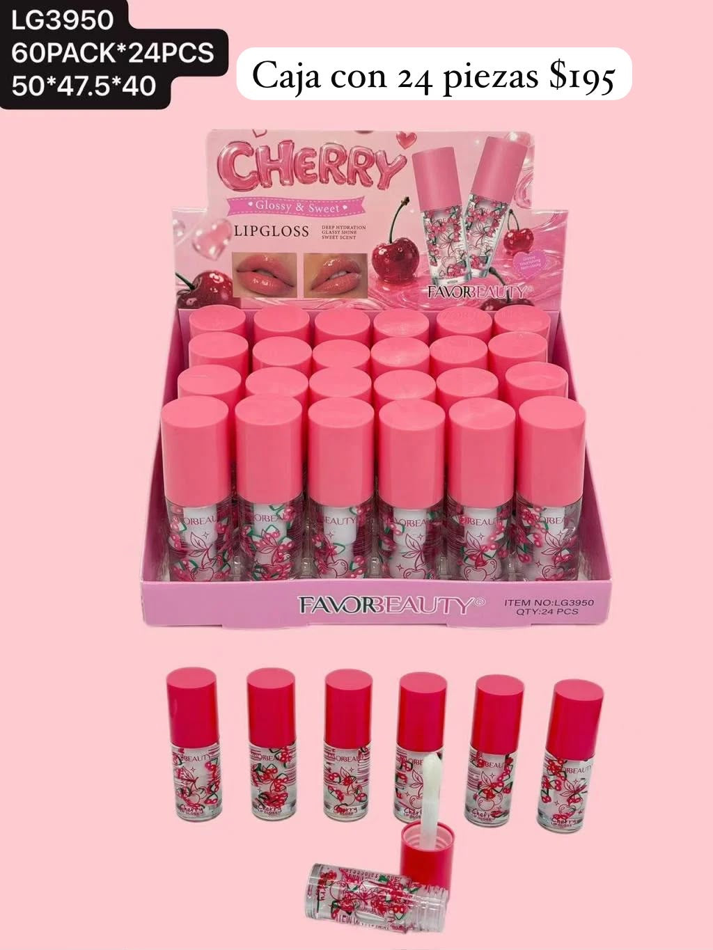 Gloss con detalle de cerezas, caja con 24 piezas, codigo LG3950