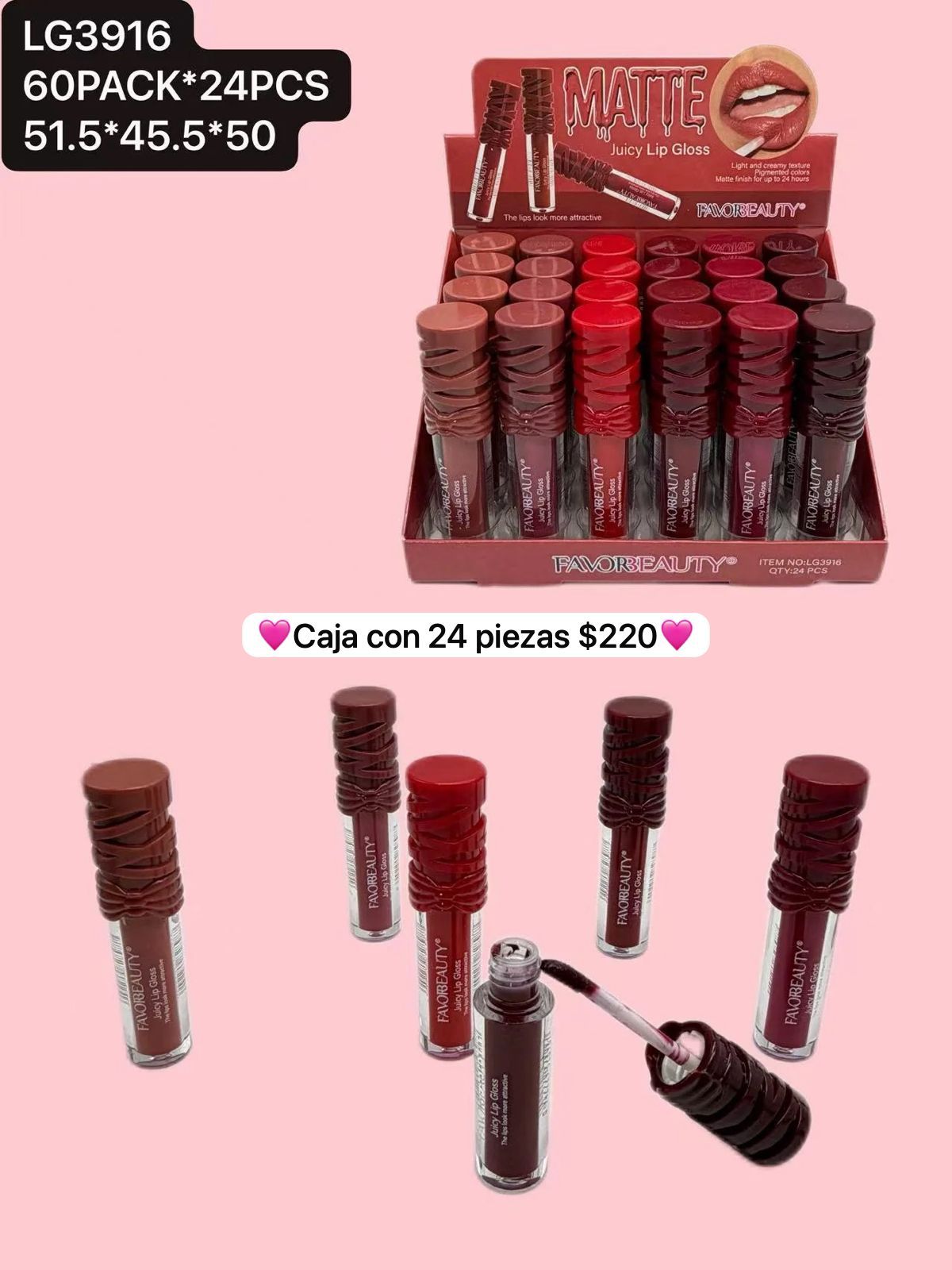 caja con labial mate, caja con 24 piezas, codigo lg3916