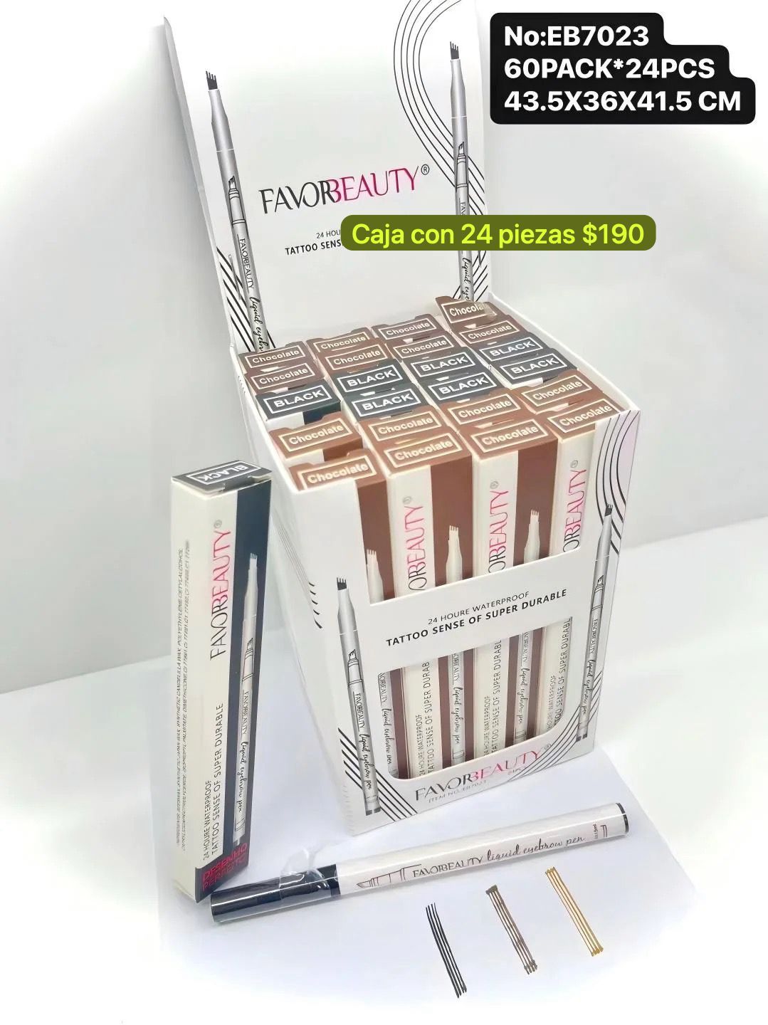 caja con 24 delineadores de ceja tipo microblanding, codigo eb7023