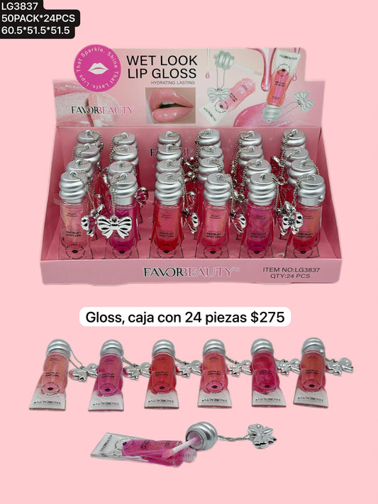 gloss con colgante de monito, caja con 24 piezas, codigo lg3837