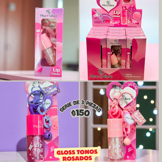 Gloss en caja con llavero, tonos rosa, serie de 3 piezas, codigo a135