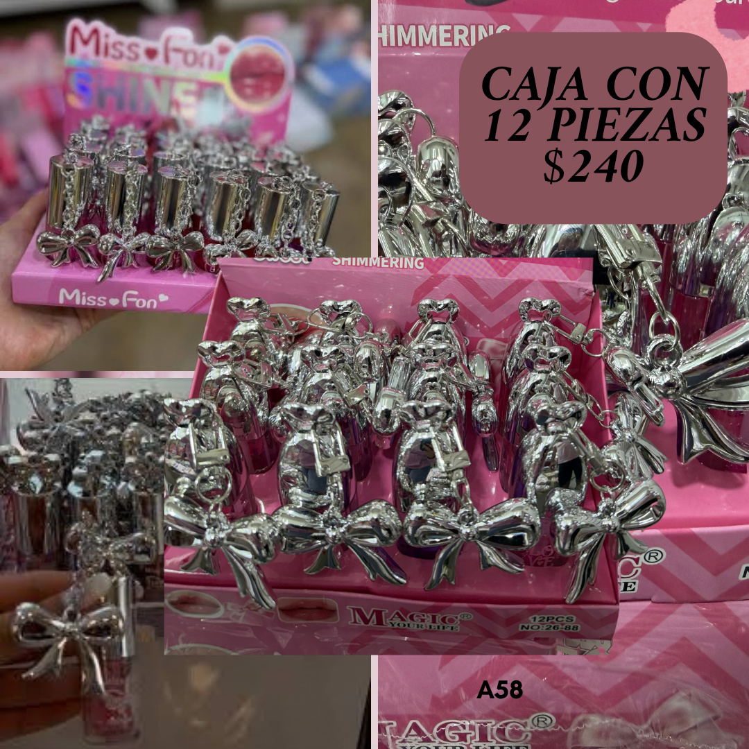 caja con 12 gloss de colgante de moño plata, codigo a81