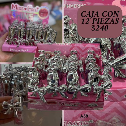 caja con 12 gloss de colgante de moño plata, codigo a81