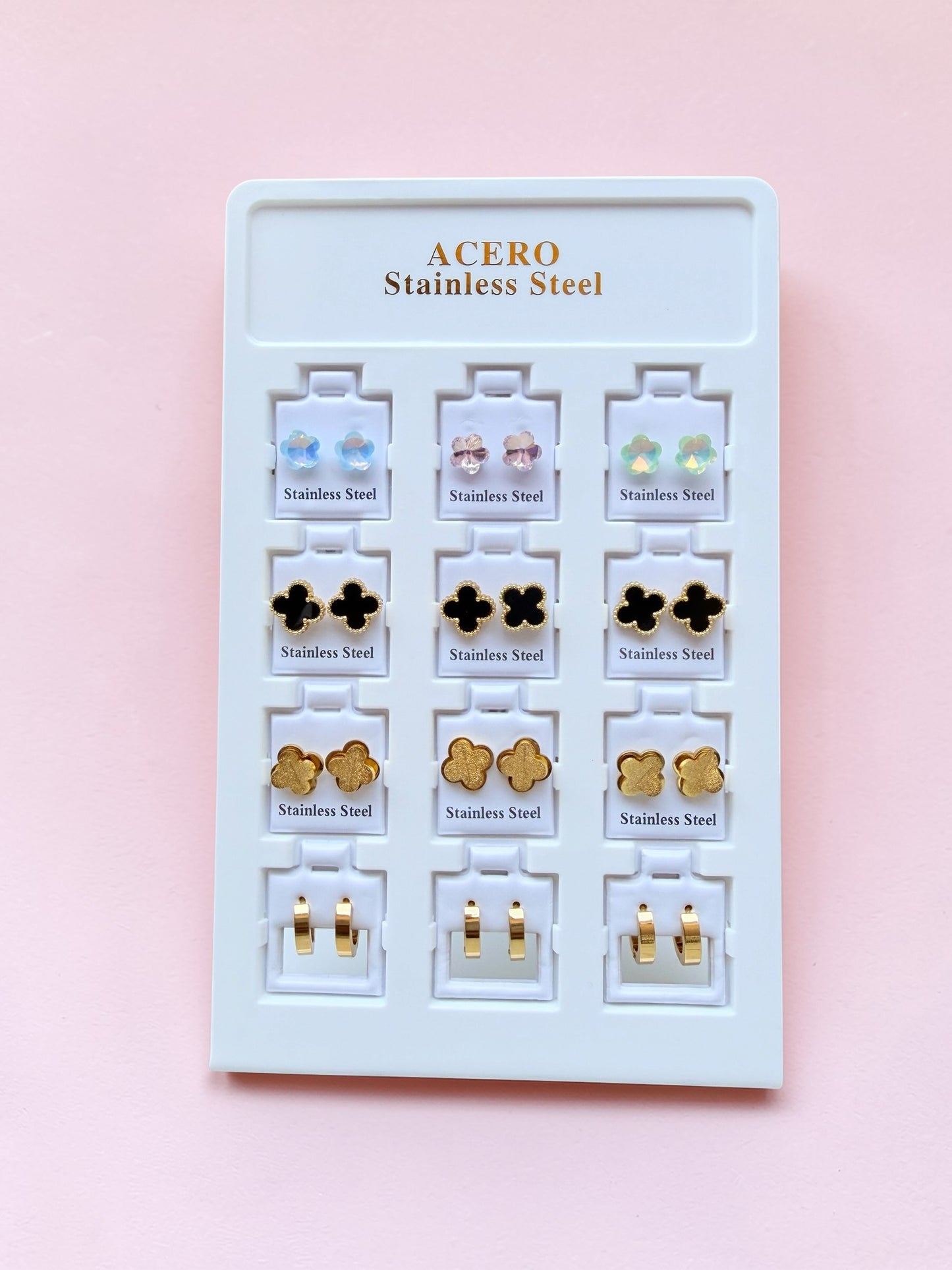 set de 12 pares de aretes de acero inoxidable, codigo a5