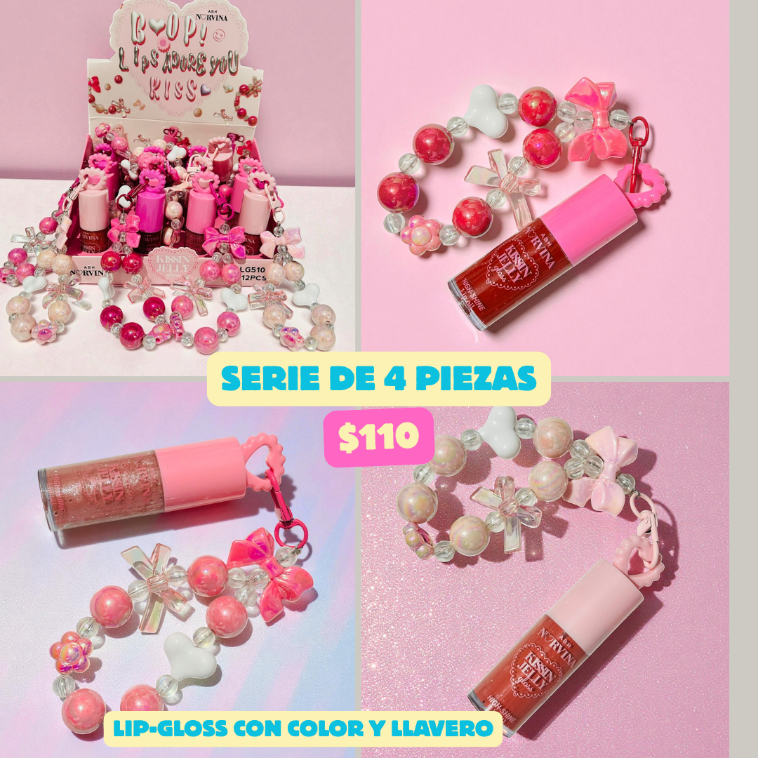 set de 4 labiales-gloss con llaveros, codigo a707 a70