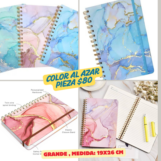 Libreta grande con diseño de mármol, colores al zar, medida 19x26 cm, codigo a195bis