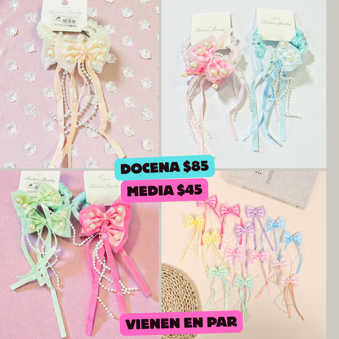 moños en liga, en pares, con decoracion, codigo a139bisbis